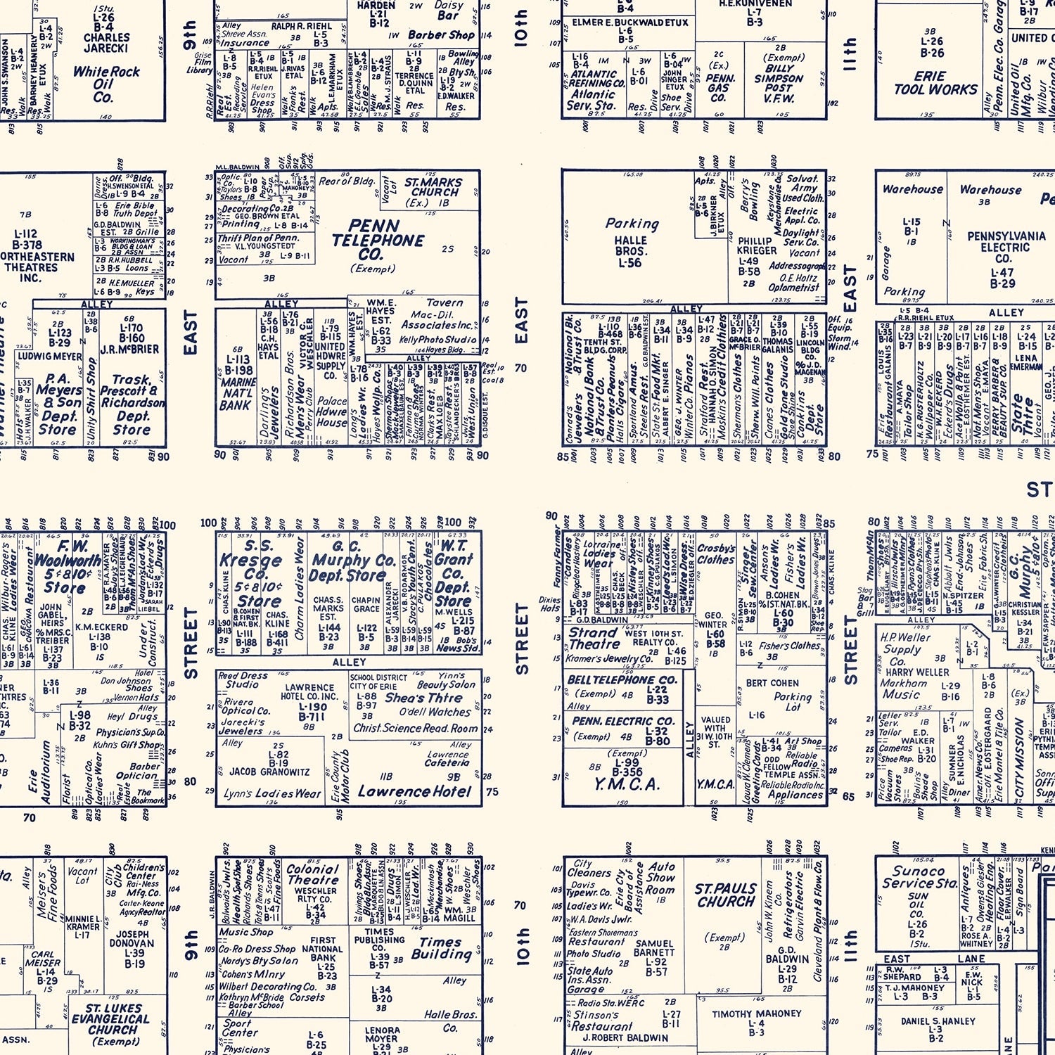 Vintage Map of Erie, PA Business Section 1950