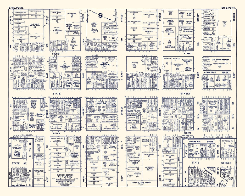 Vintage Map of Erie, PA Business Section 1950