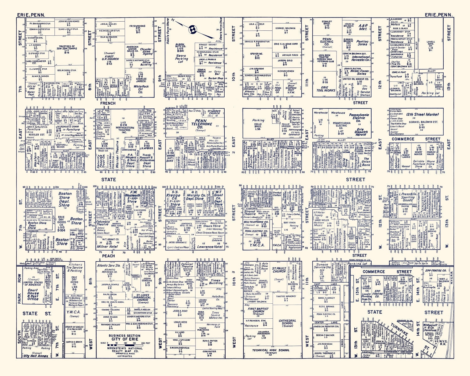 Vintage Map of Erie, PA Business Section 1950