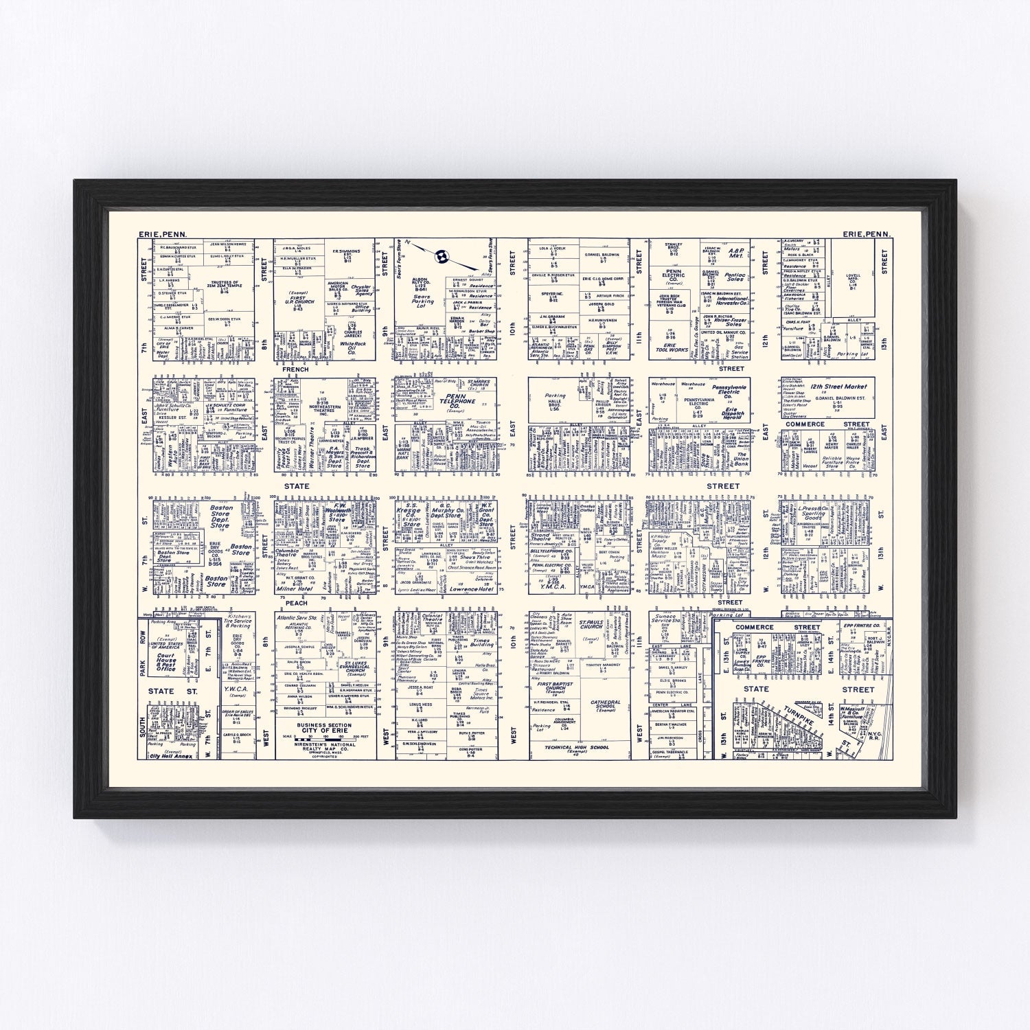 Vintage Map of Erie, PA Business Section 1950