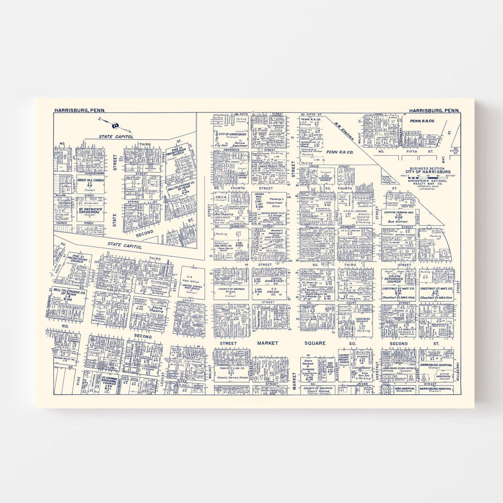 Vintage Map of Harrisburg, PA Business Section 1950