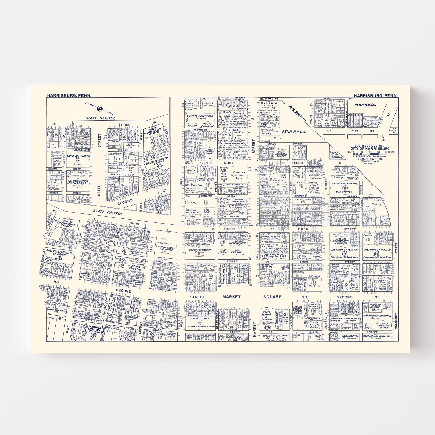 Vintage Map of Harrisburg, PA Business Section 1950