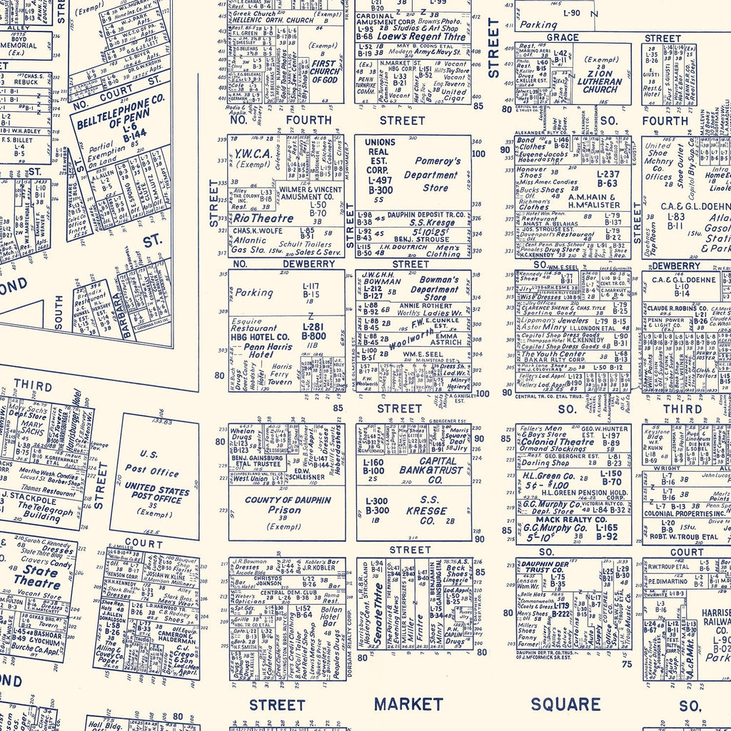 Vintage Map of Harrisburg, PA Business Section 1950