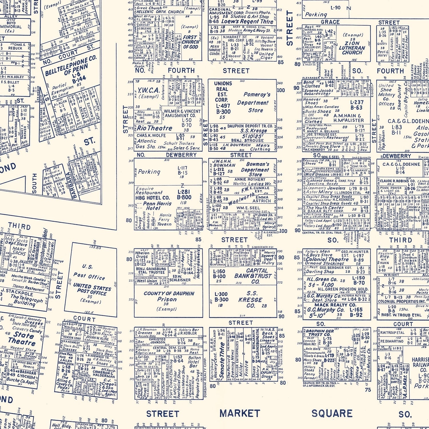 Vintage Map of Harrisburg, PA Business Section 1950