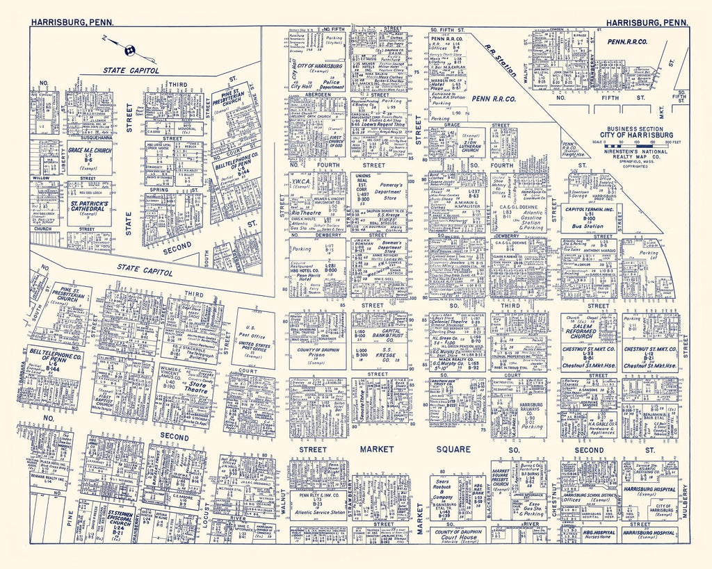 Vintage Map of Harrisburg, PA Business Section 1950