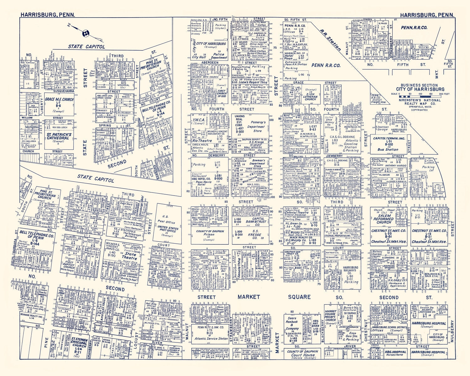 Vintage Map of Harrisburg, PA Business Section 1950