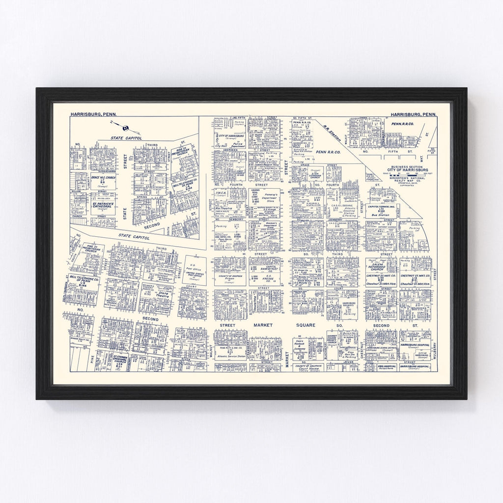 Vintage Map of Harrisburg, PA Business Section 1950