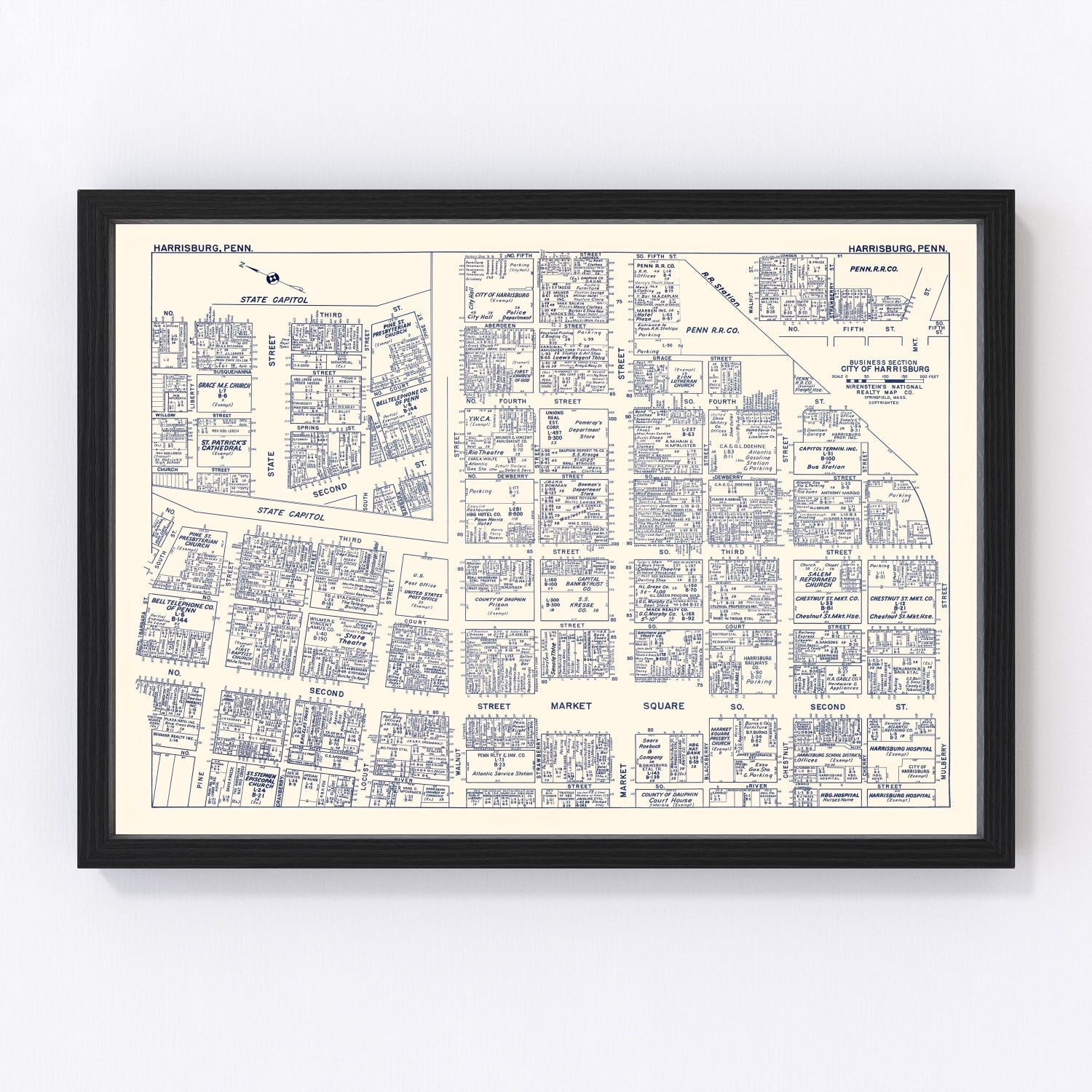 Vintage Map of Harrisburg, PA Business Section 1950