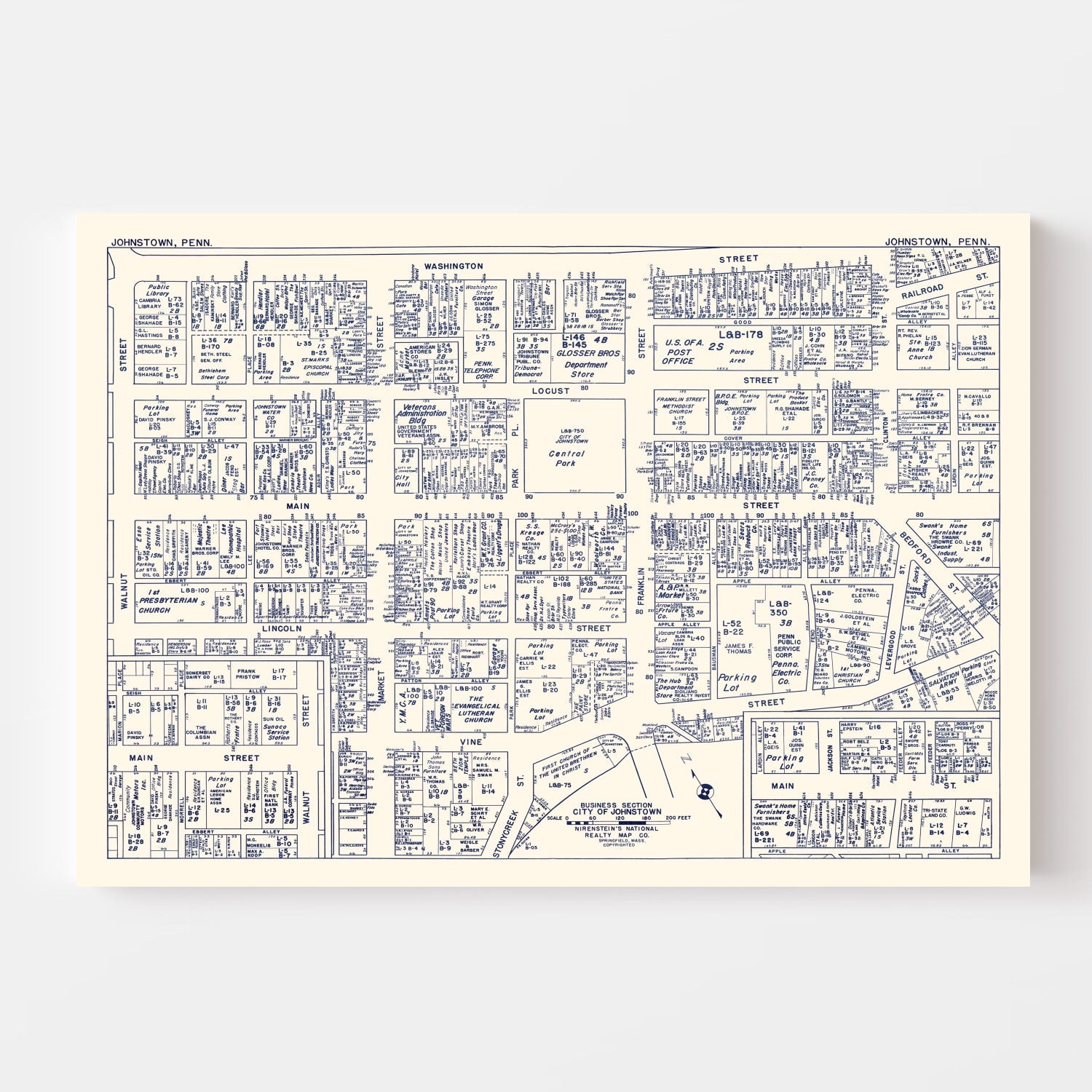 Vintage Map of Johnstown, PA Business Section 1950