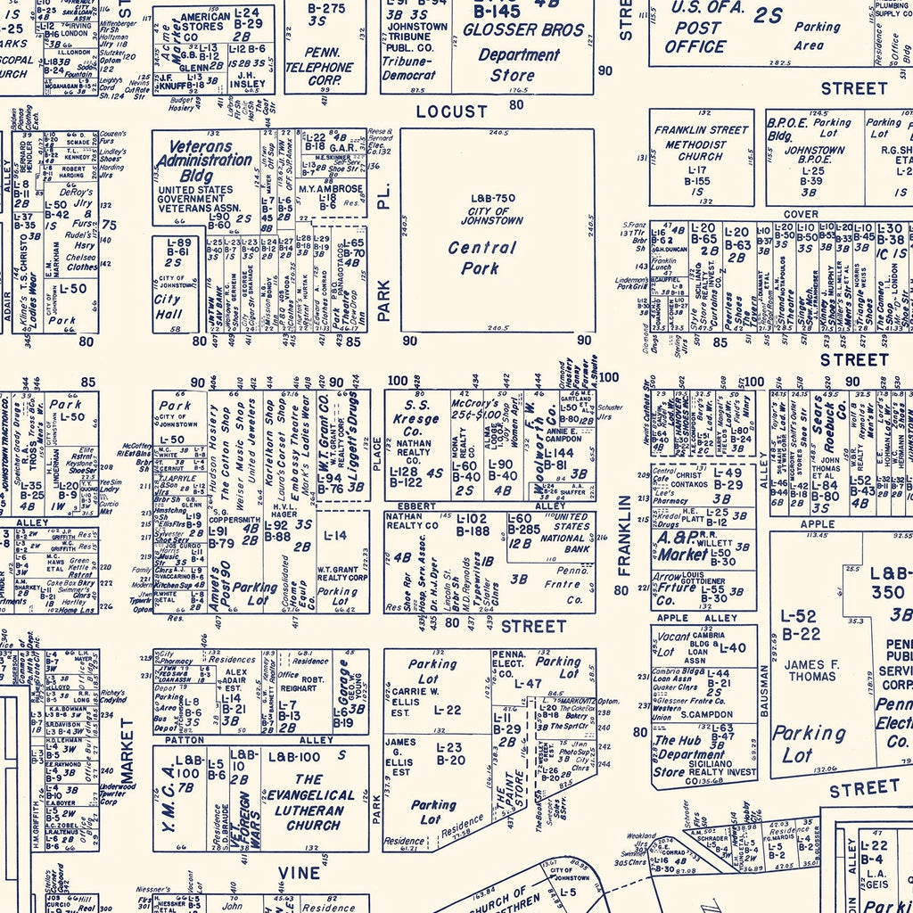 Vintage Map of Johnstown, PA Business Section 1950