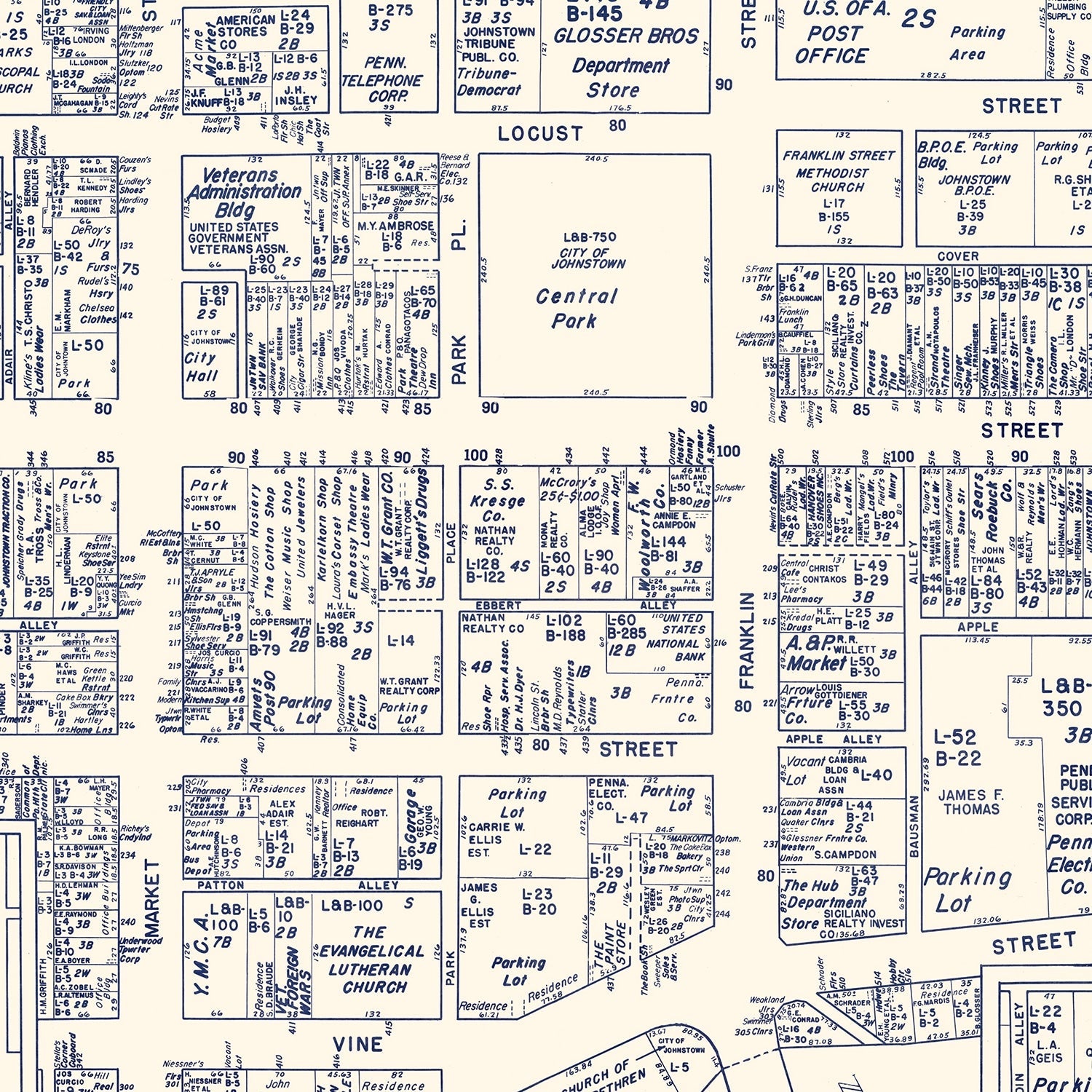 Vintage Map of Johnstown, PA Business Section 1950