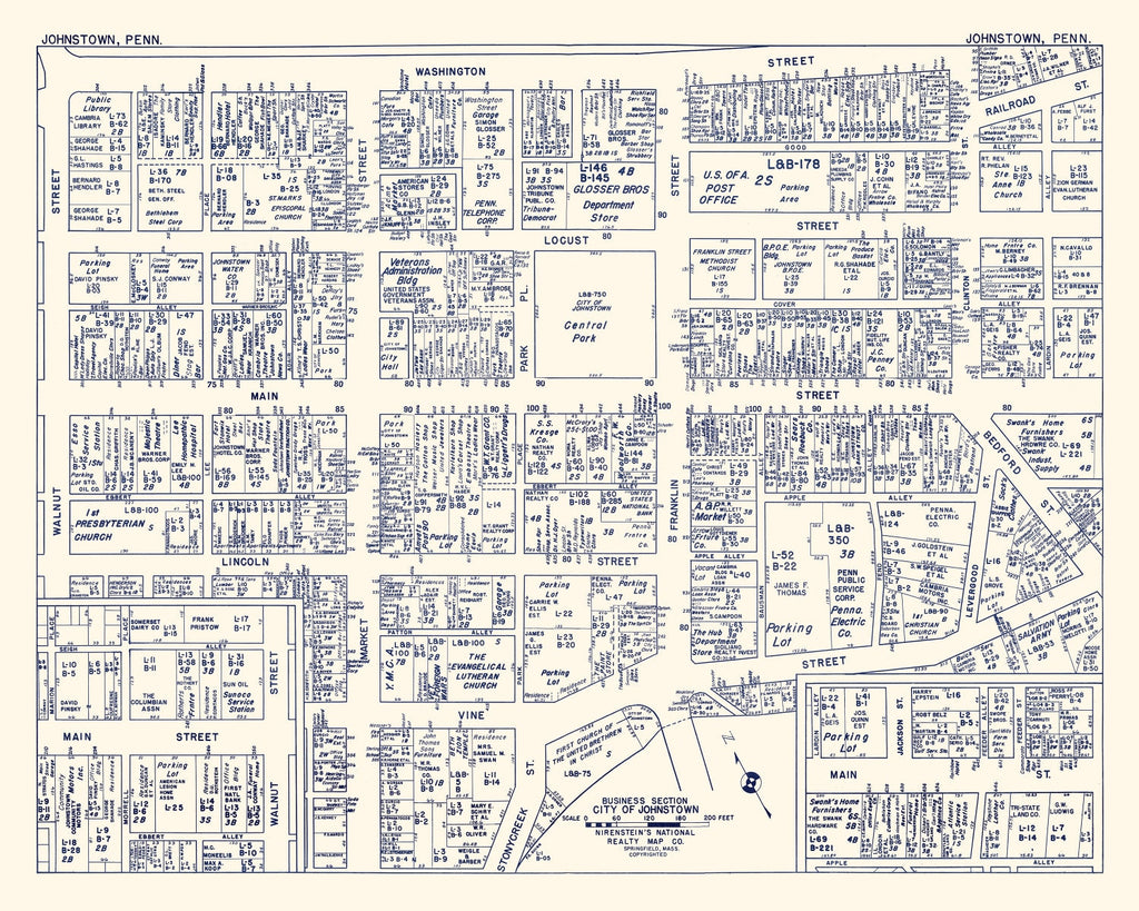 Vintage Map of Johnstown, PA Business Section 1950