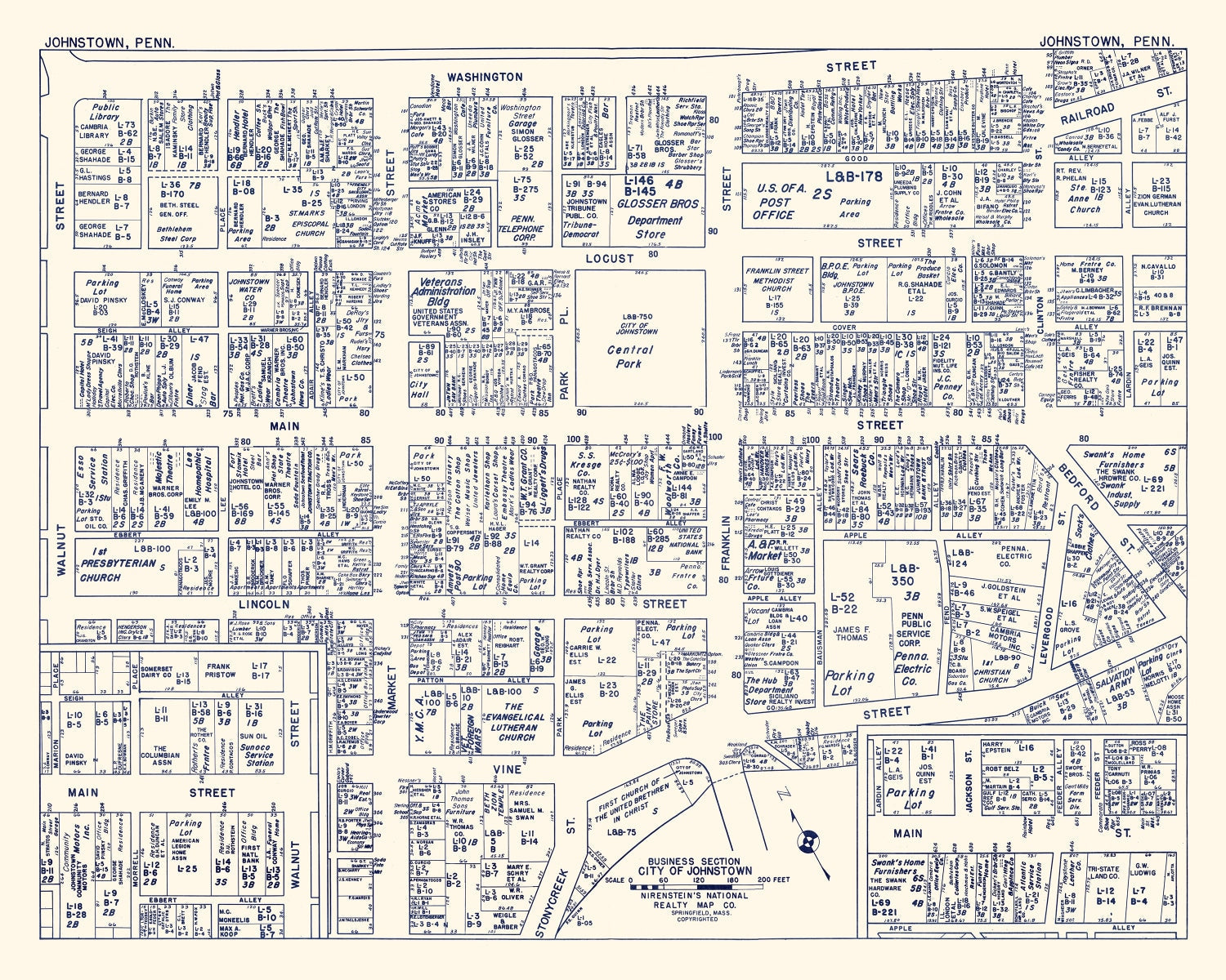 Vintage Map of Johnstown, PA Business Section 1950