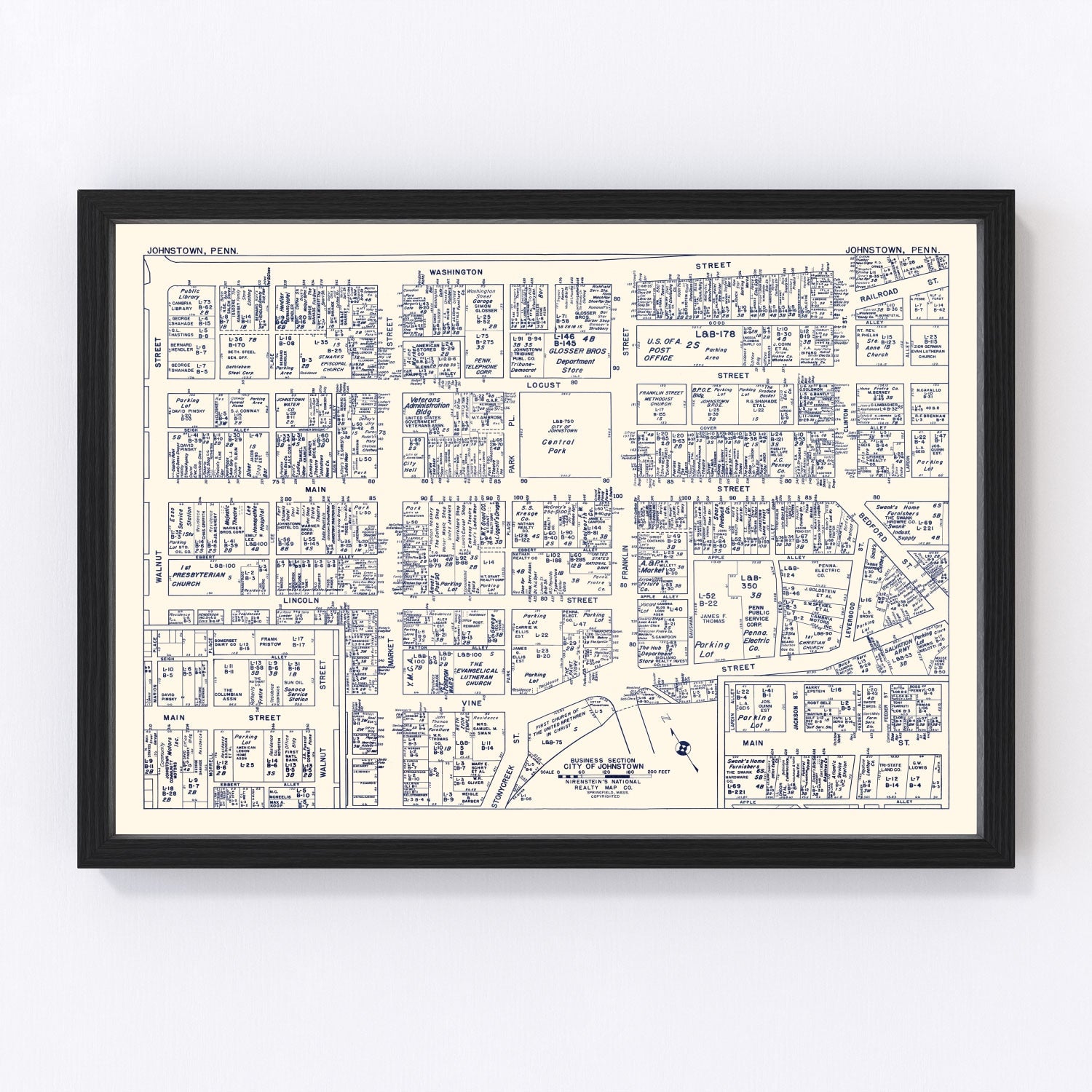 Vintage Map of Johnstown, PA Business Section 1950