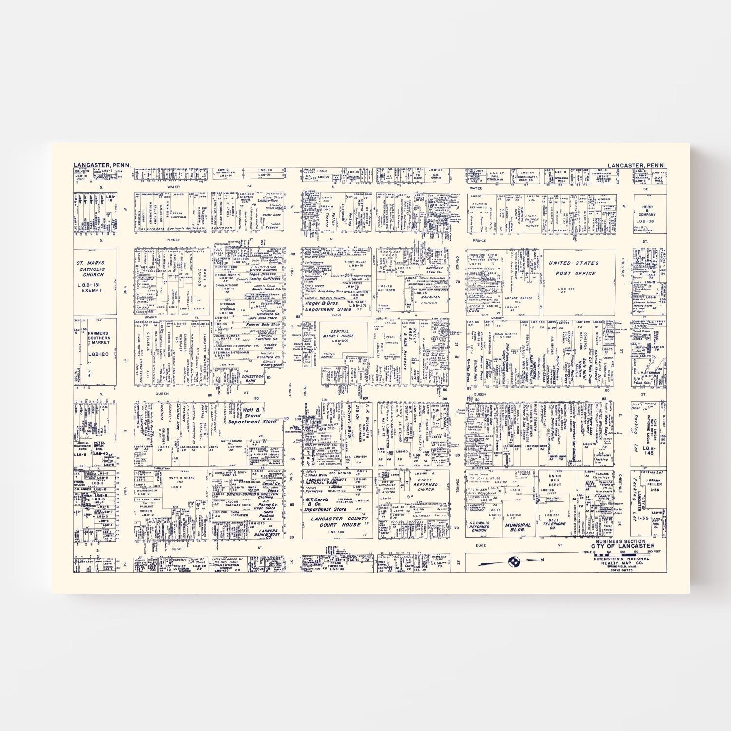 Vintage Map of Lancaster, PA Business Section 1950