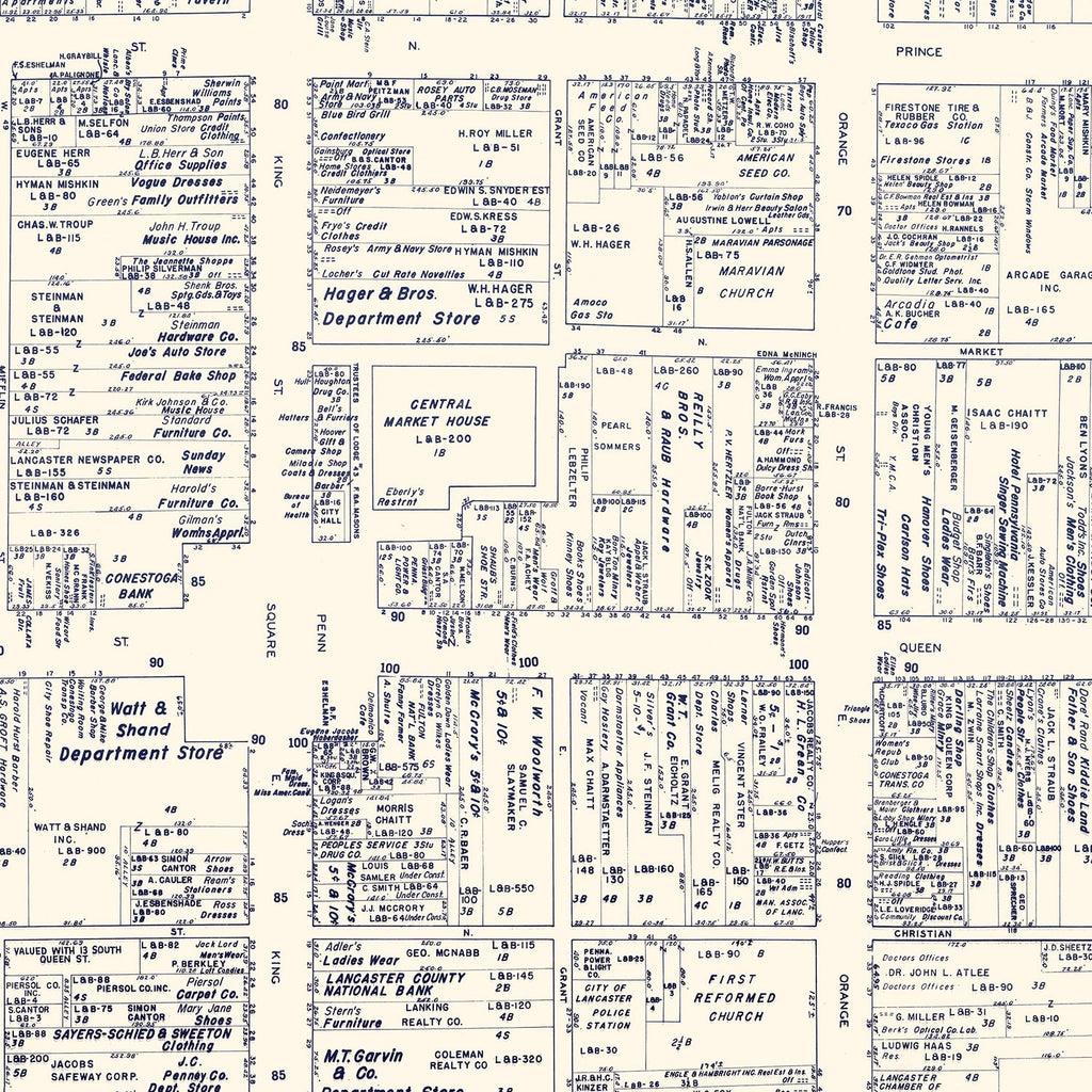 Vintage Map of Lancaster, PA Business Section 1950