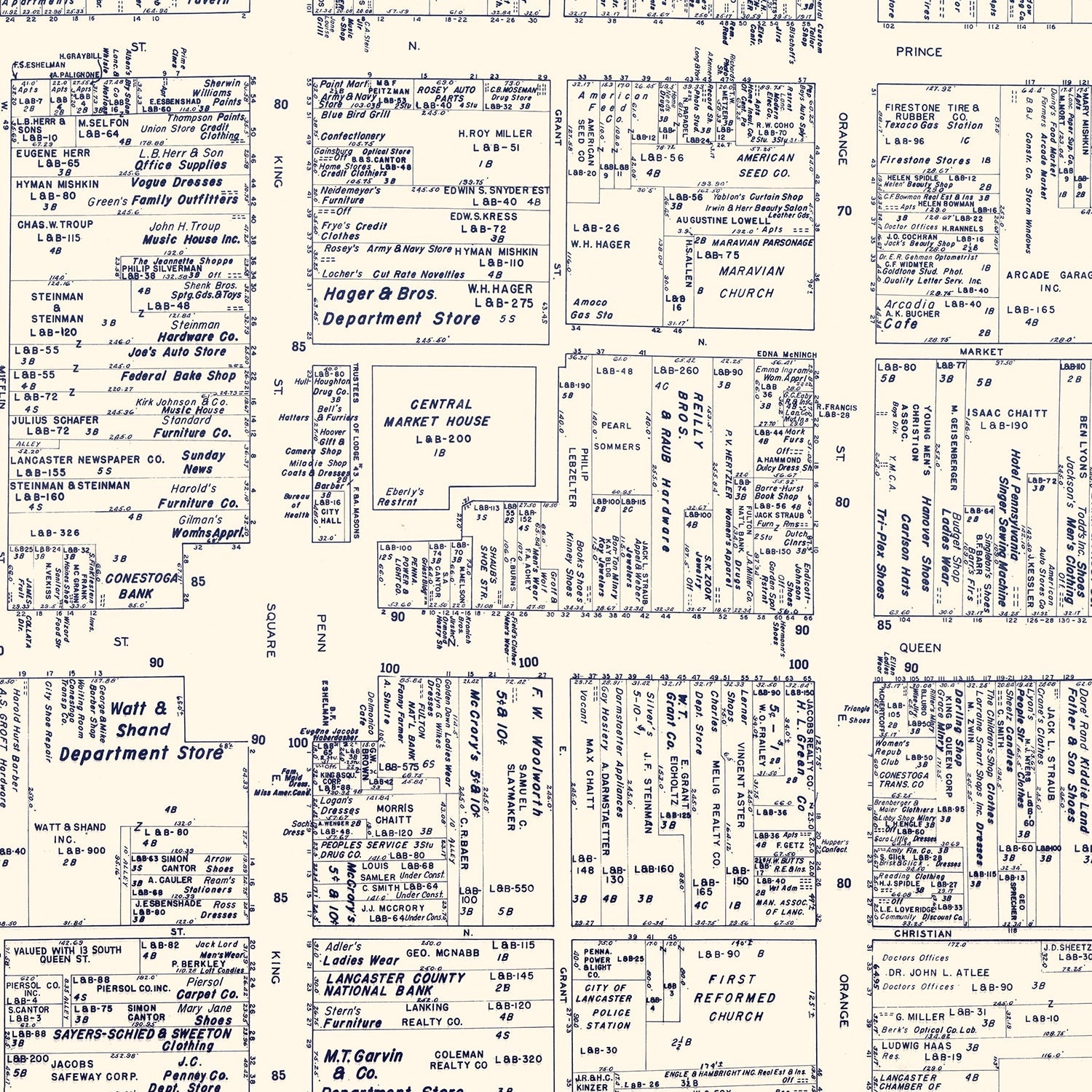 Vintage Map of Lancaster, PA Business Section 1950
