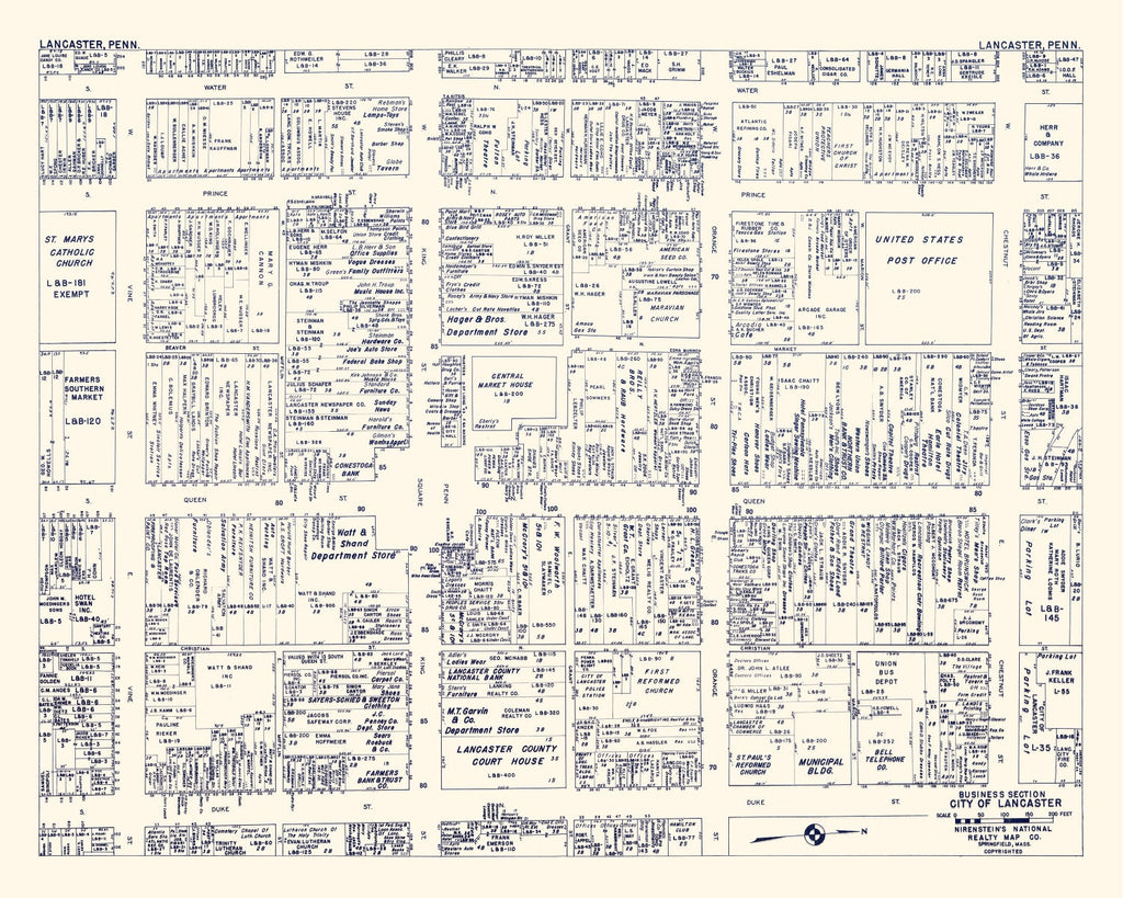 Vintage Map of Lancaster, PA Business Section 1950