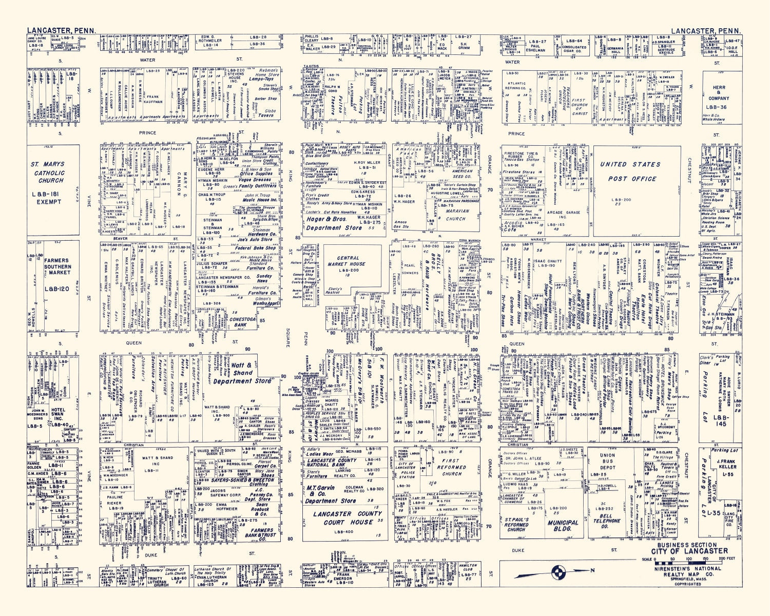 Vintage Map of Lancaster, PA Business Section 1950