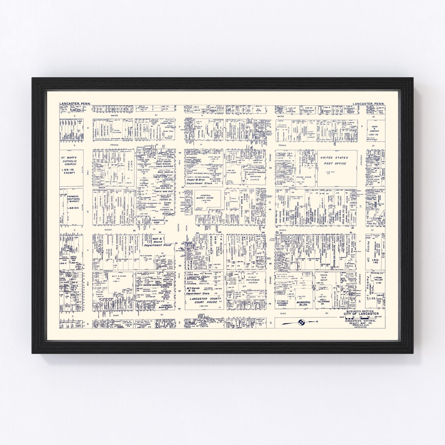 Vintage Map of Lancaster, PA Business Section 1950