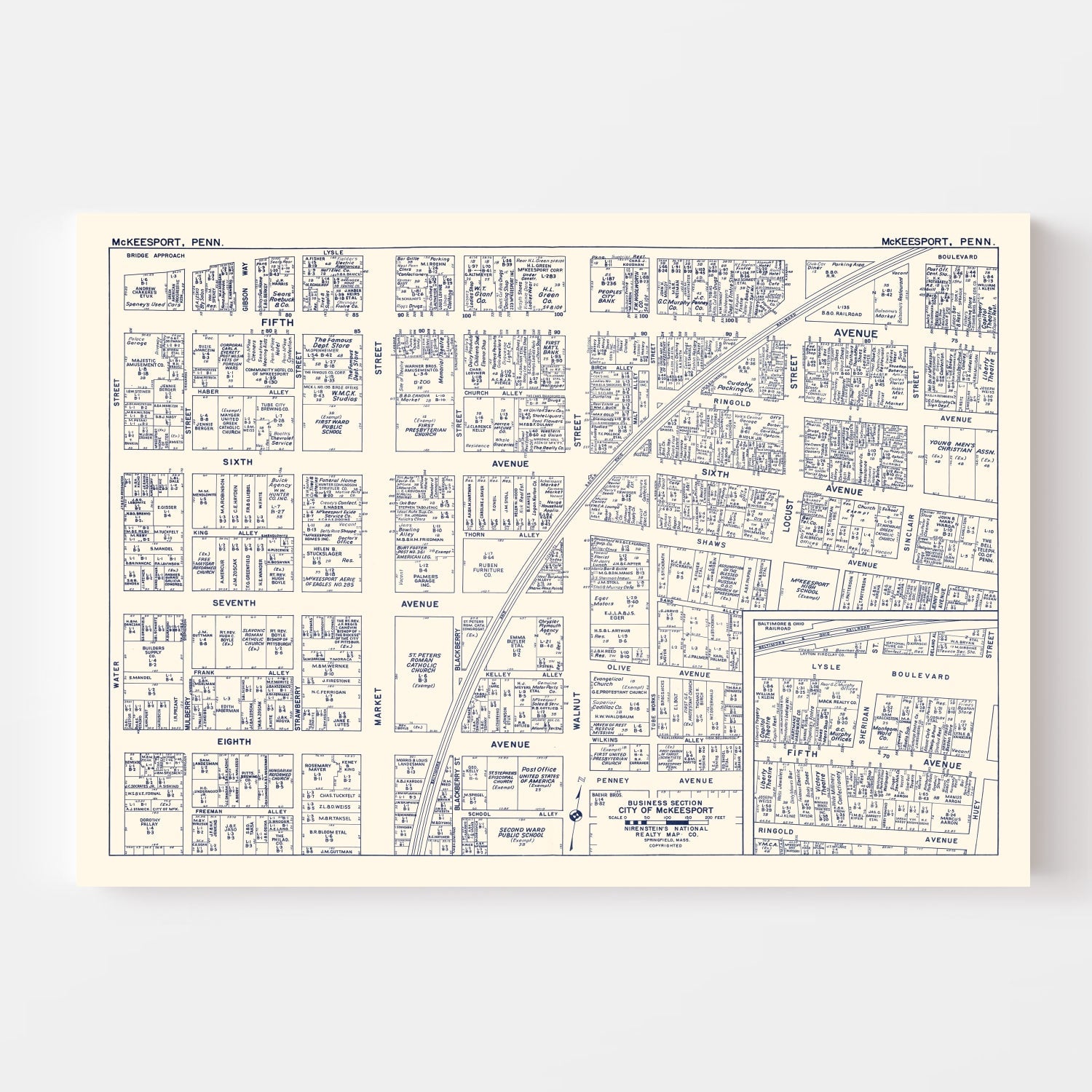 Vintage Map of McKeesport, PA Business Section 1950