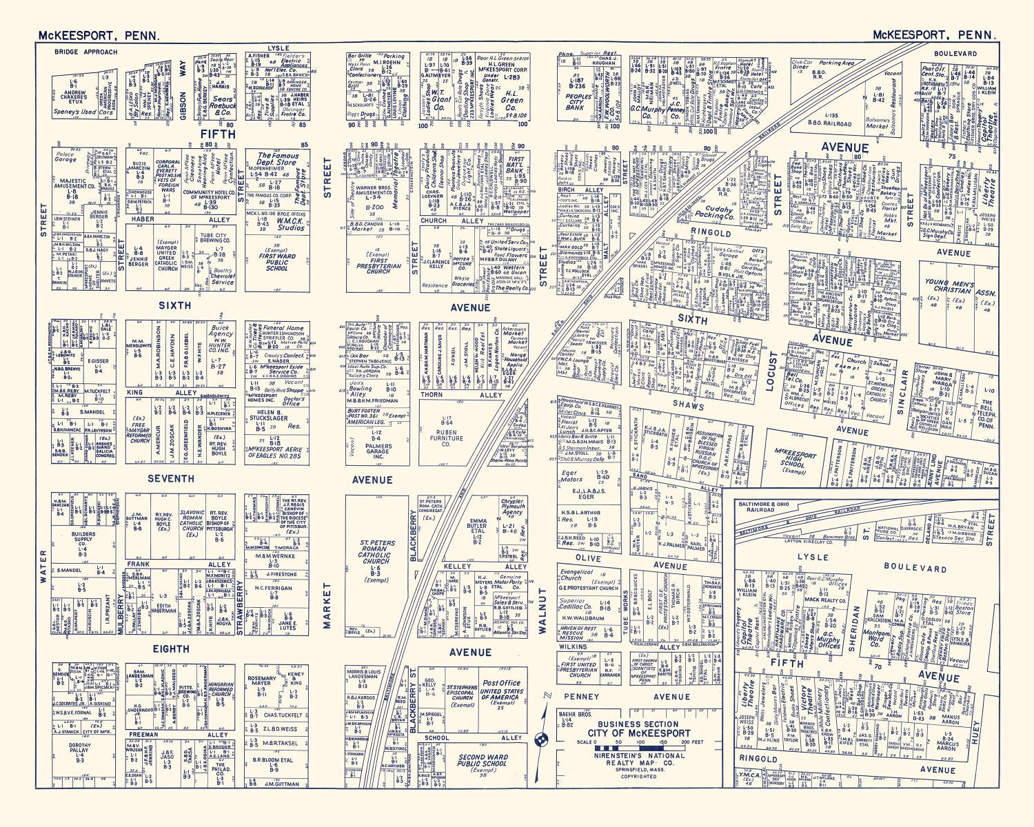 Vintage Map of McKeesport, PA Business Section 1950