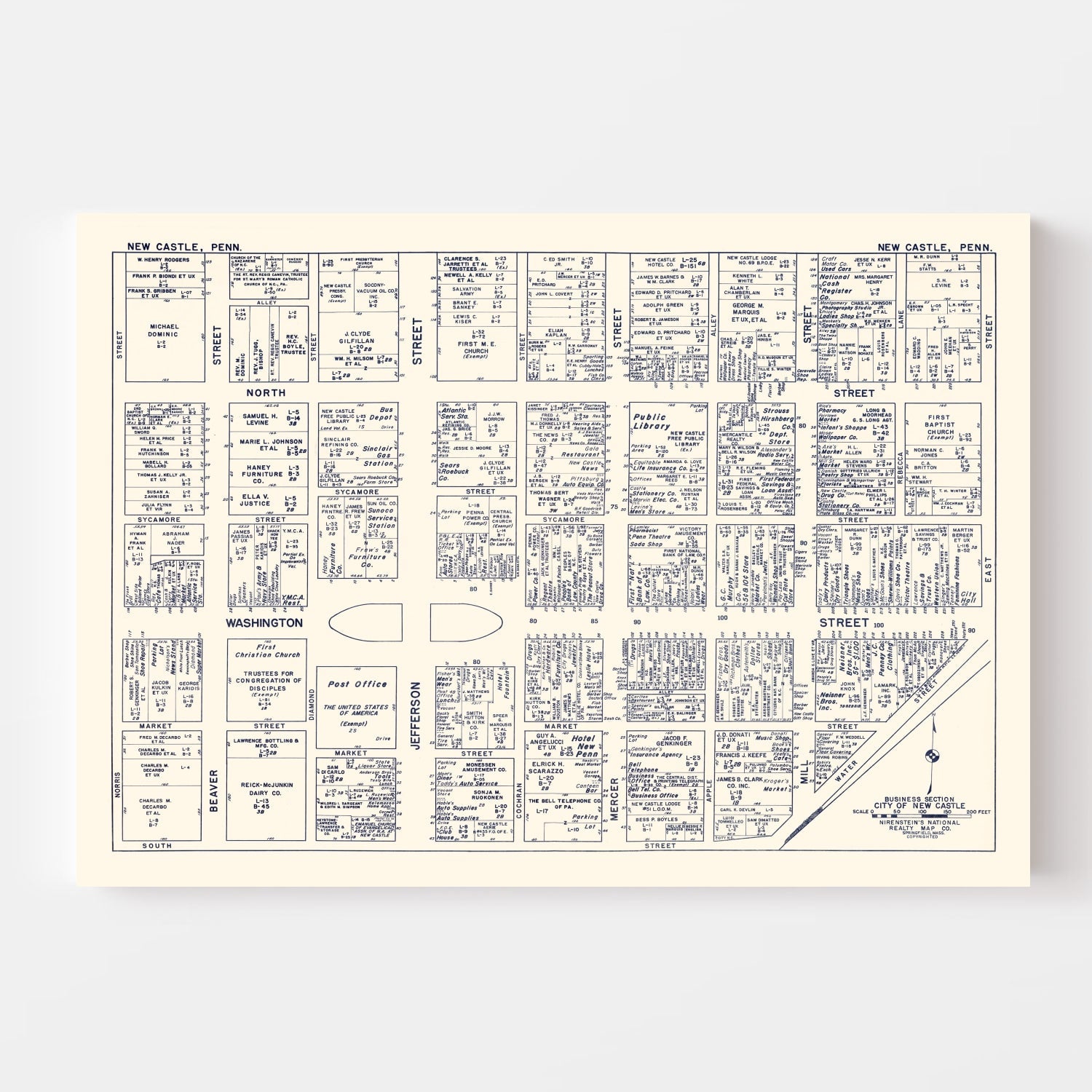 Vintage Map of New Castle, PA Business Section 1950