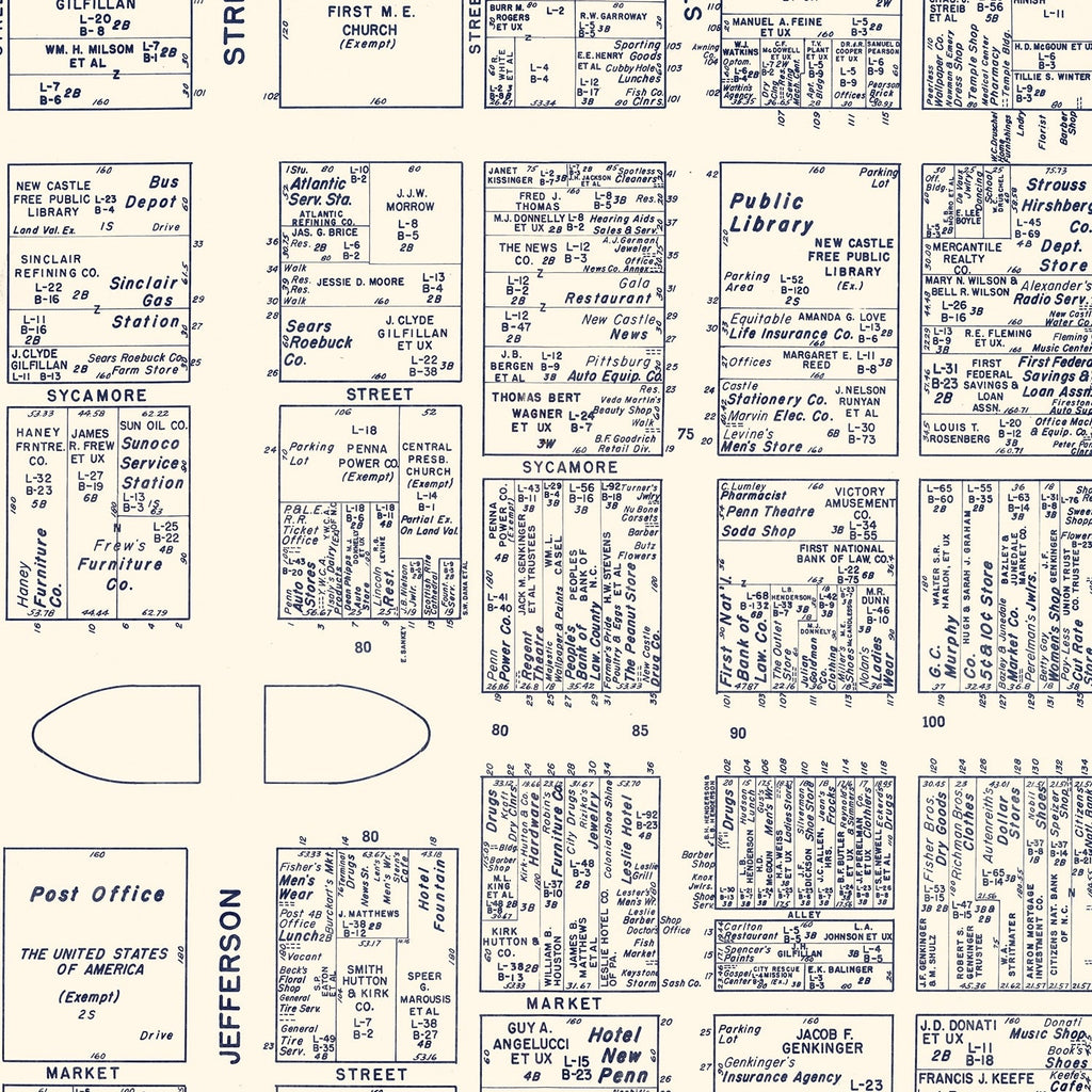 Vintage Map of New Castle, PA Business Section 1950