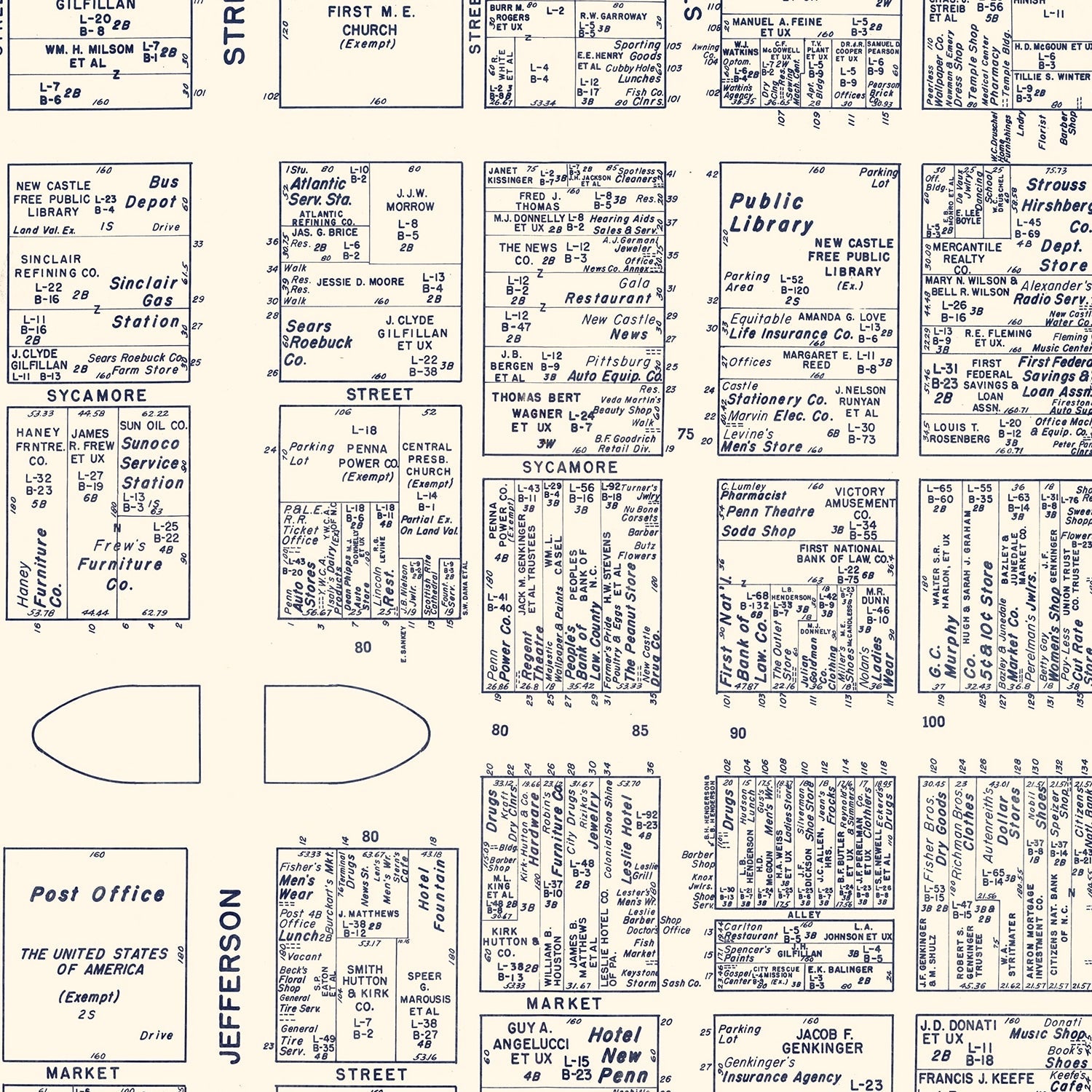 Vintage Map of New Castle, PA Business Section 1950