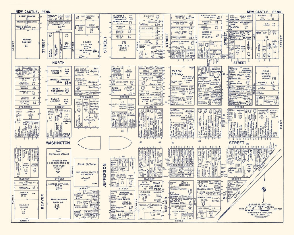 Vintage Map of New Castle, PA Business Section 1950