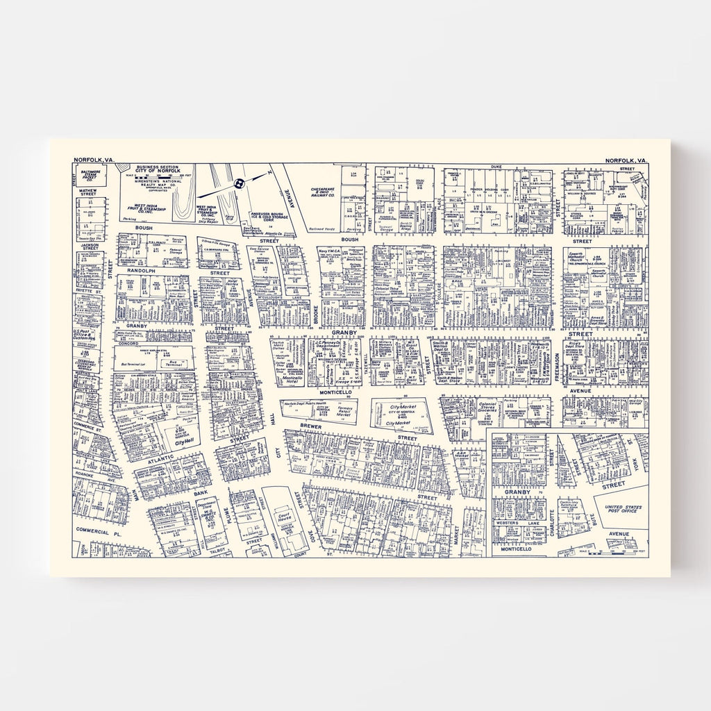 Vintage Map of Norfolk, VA Business Section 1950