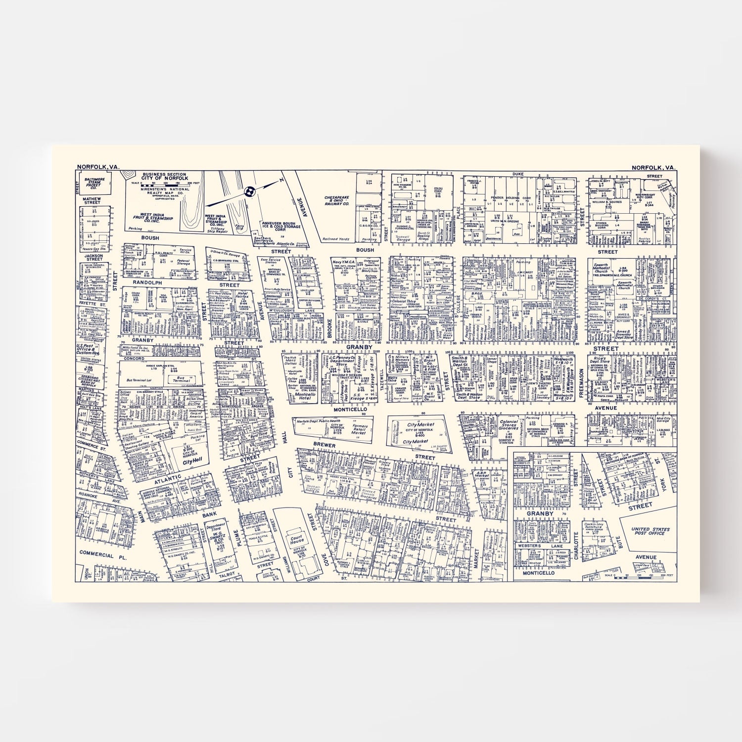 Vintage Map of Norfolk, VA Business Section 1950