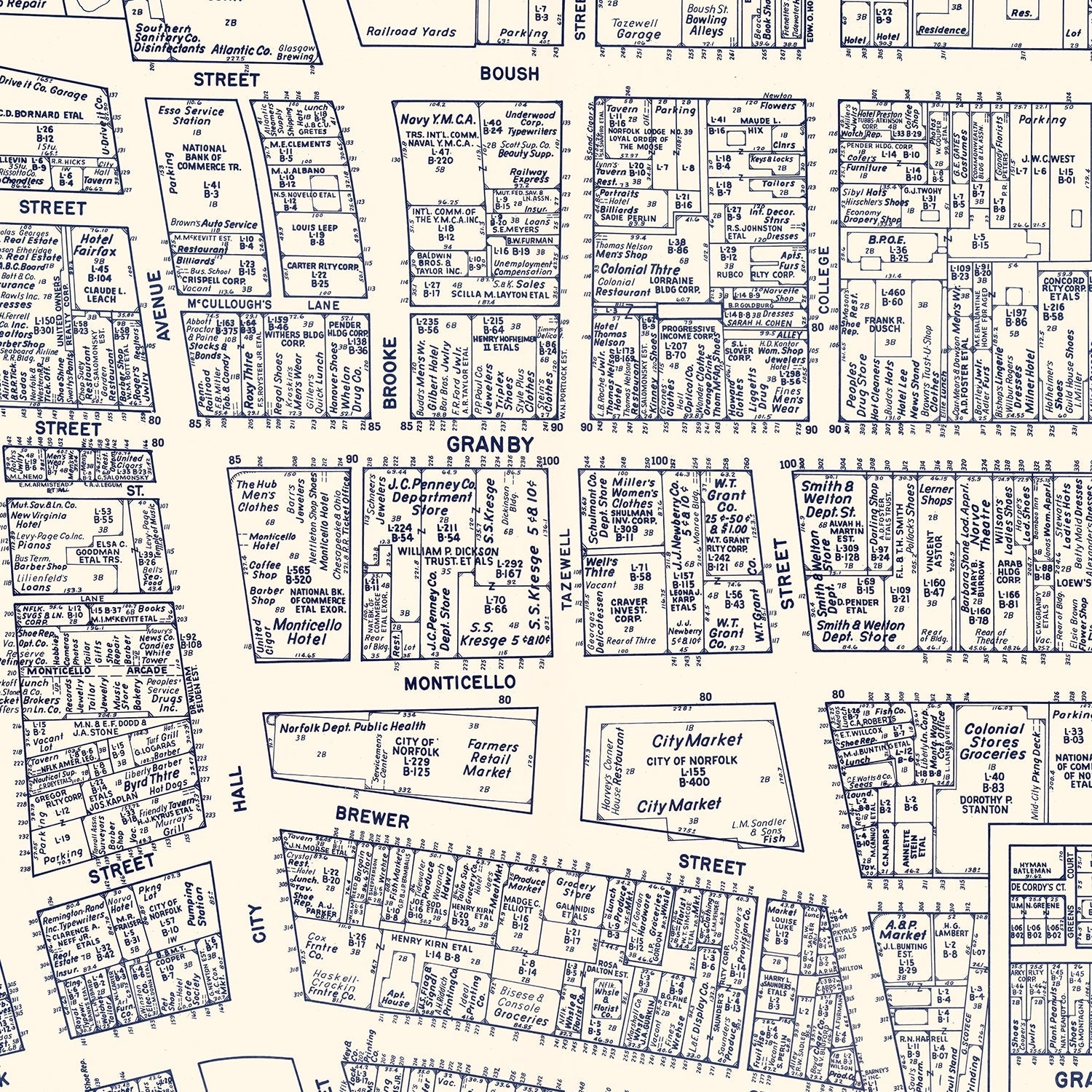 Vintage Map of Norfolk, VA Business Section 1950