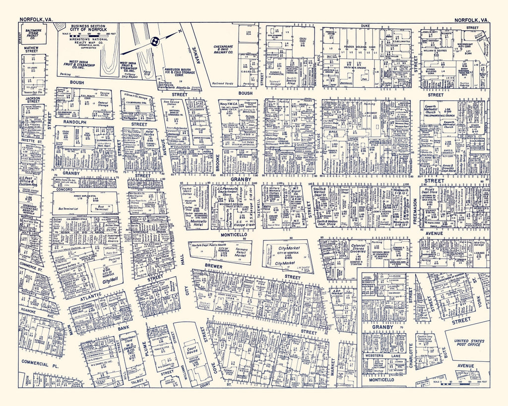 Vintage Map of Norfolk, VA Business Section 1950