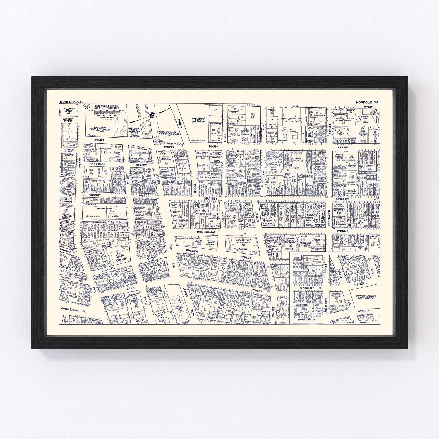 Vintage Map of Norfolk, VA Business Section 1950