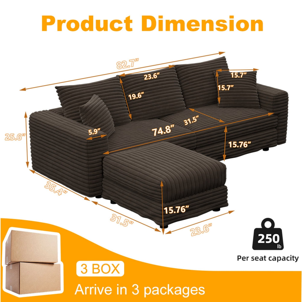 82.7 ' Plush Corduroy 3-Seat Sofa, Modern Comfy Upholstered Sofa Cloud Couch, Deep Seat Couches with Soft Pillows and 1 Ottomans, Convertible Sofa Lounge Chair, for Living Room,Apartment,Office,Camel