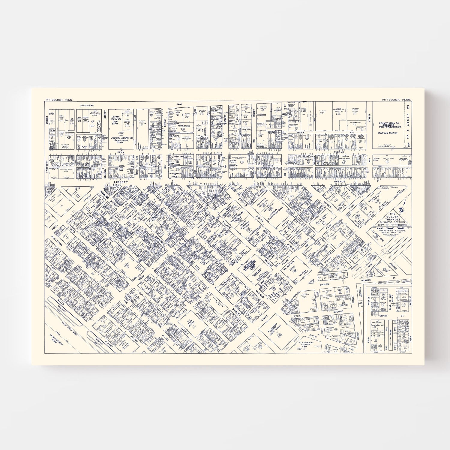 Vintage Map of Pittsburgh, PA Business Section 1950