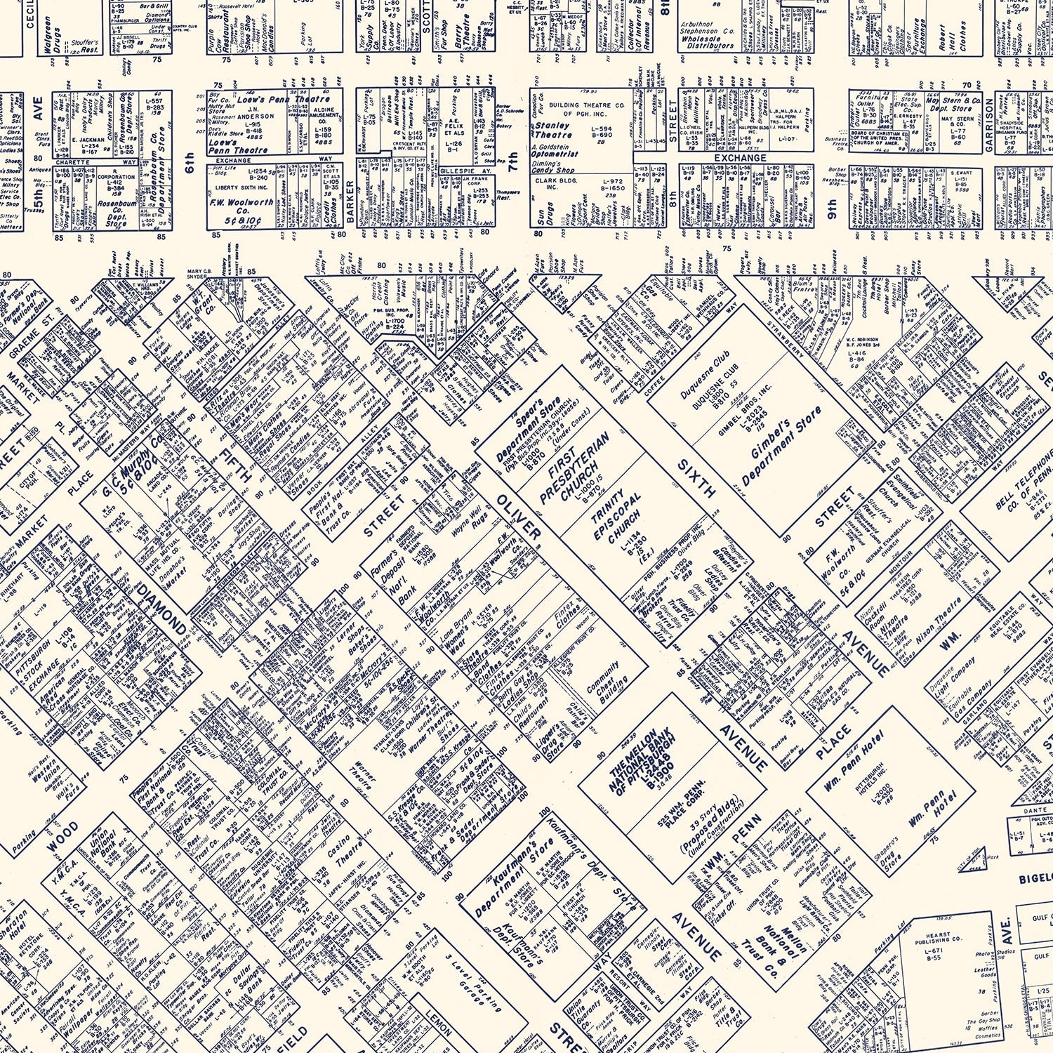 Vintage Map of Pittsburgh, PA Business Section 1950