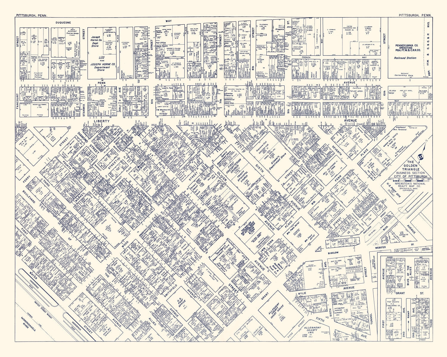Vintage Map of Pittsburgh, PA Business Section 1950