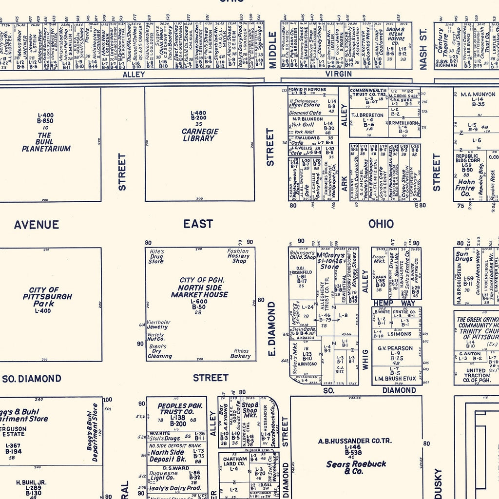 Vintage Map of North Pittsburgh, PA Business Section 1950