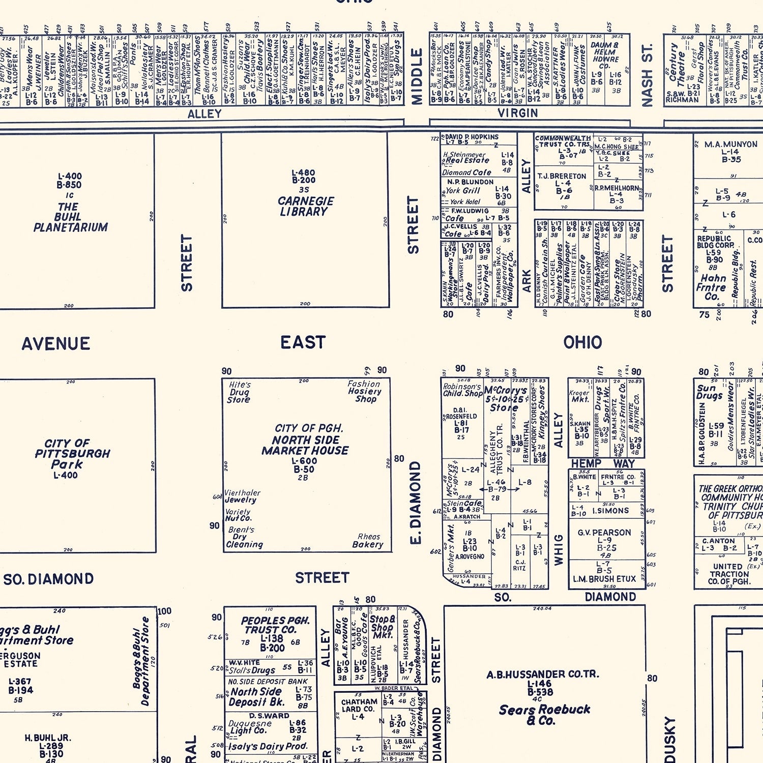 Vintage Map of North Pittsburgh, PA Business Section 1950