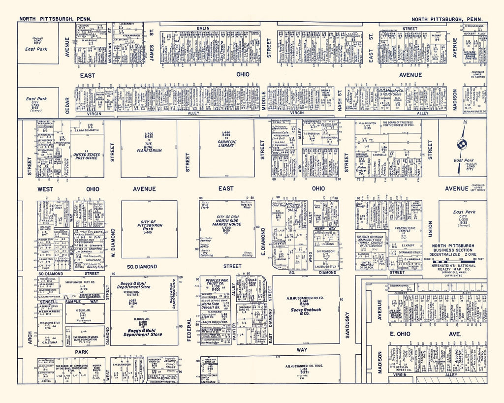 Vintage Map of North Pittsburgh, PA Business Section 1950