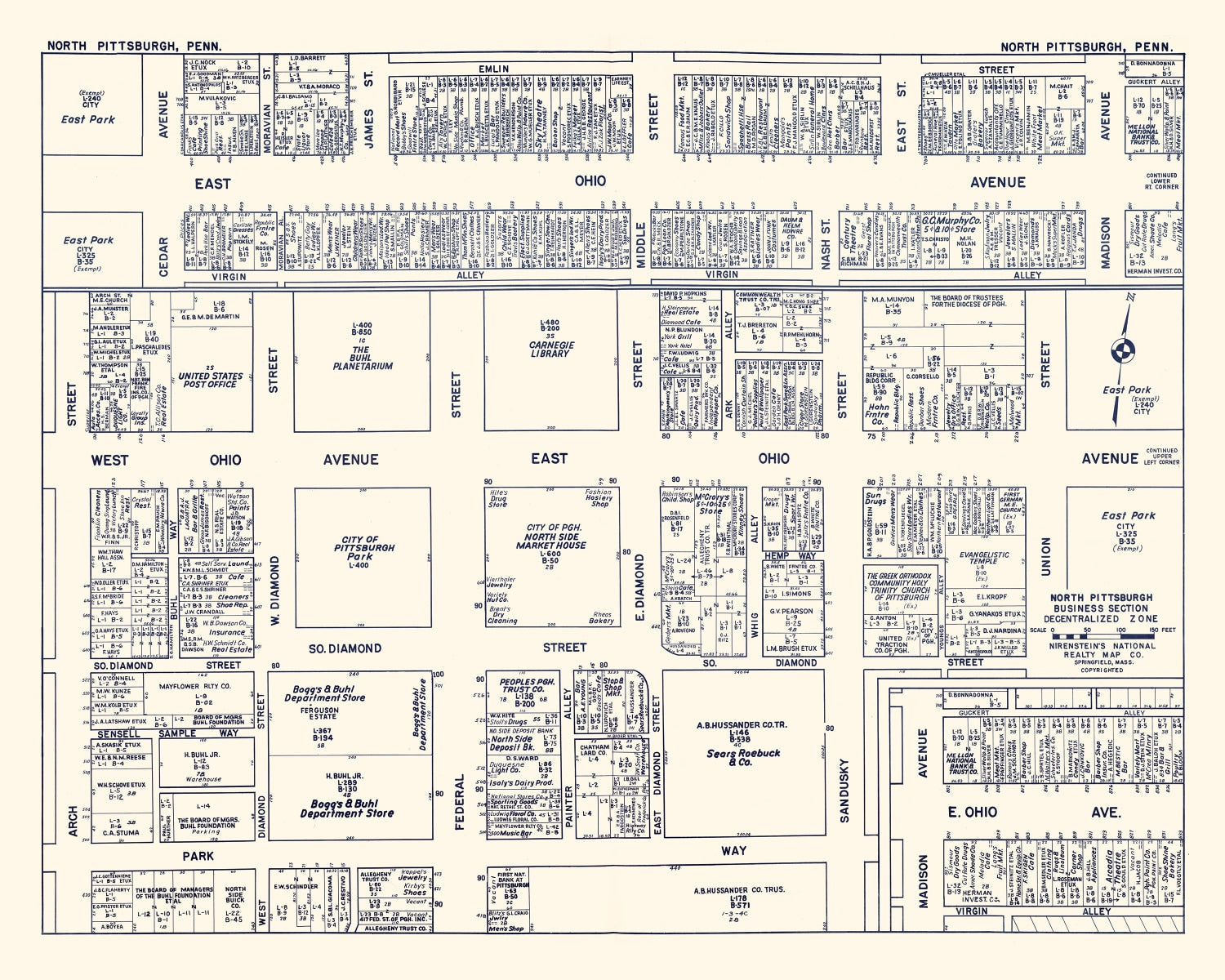 Vintage Map of North Pittsburgh, PA Business Section 1950
