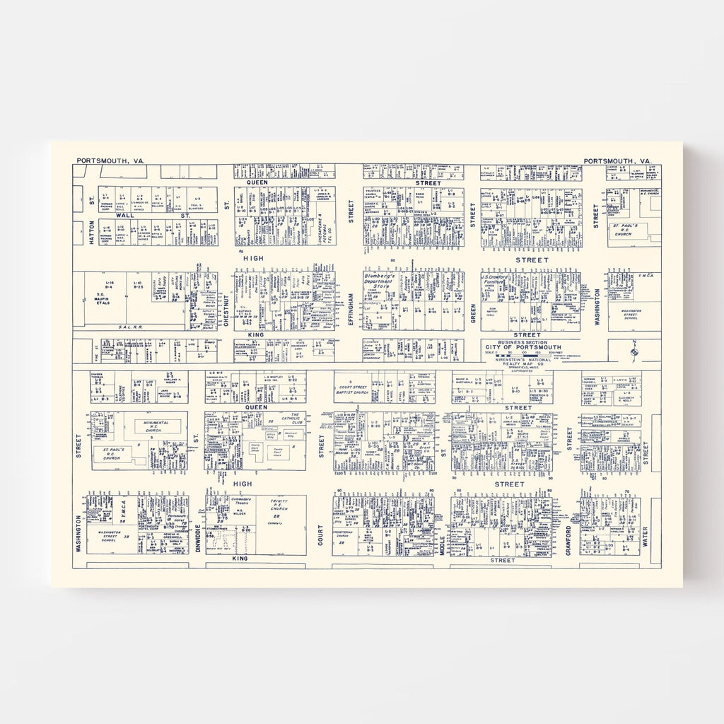Vintage Map of Portsmouth, VA Business Section 1950