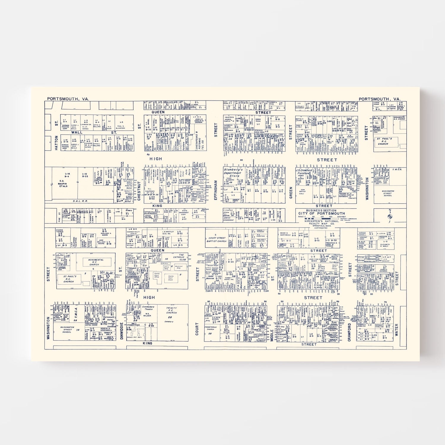 Vintage Map of Portsmouth, VA Business Section 1950