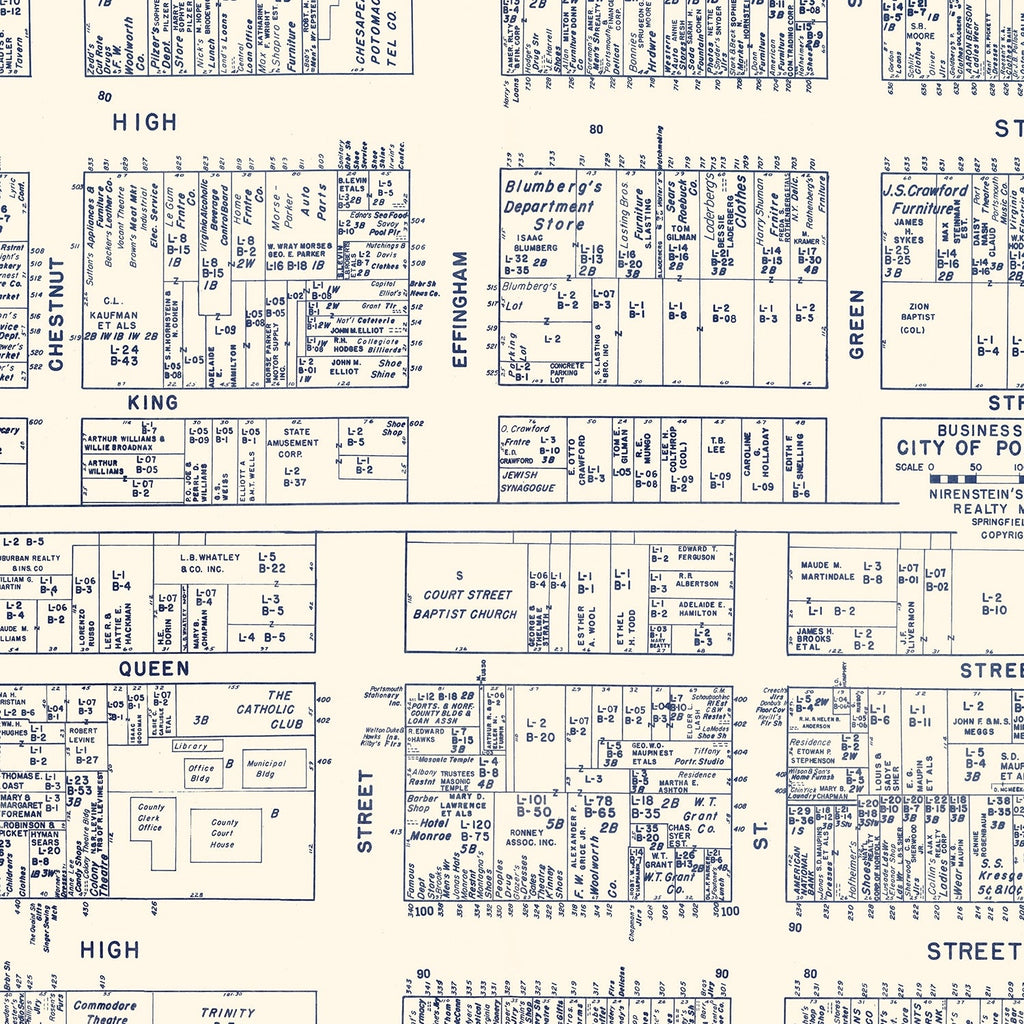 Vintage Map of Portsmouth, VA Business Section 1950