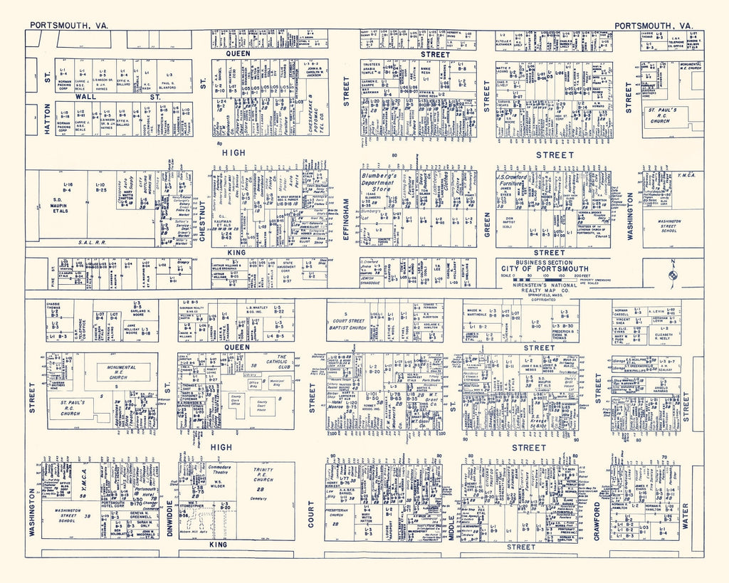 Vintage Map of Portsmouth, VA Business Section 1950