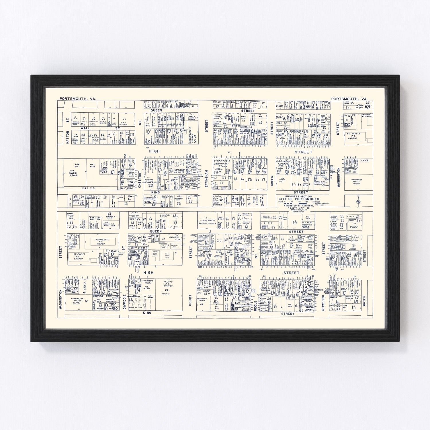 Vintage Map of Portsmouth, VA Business Section 1950