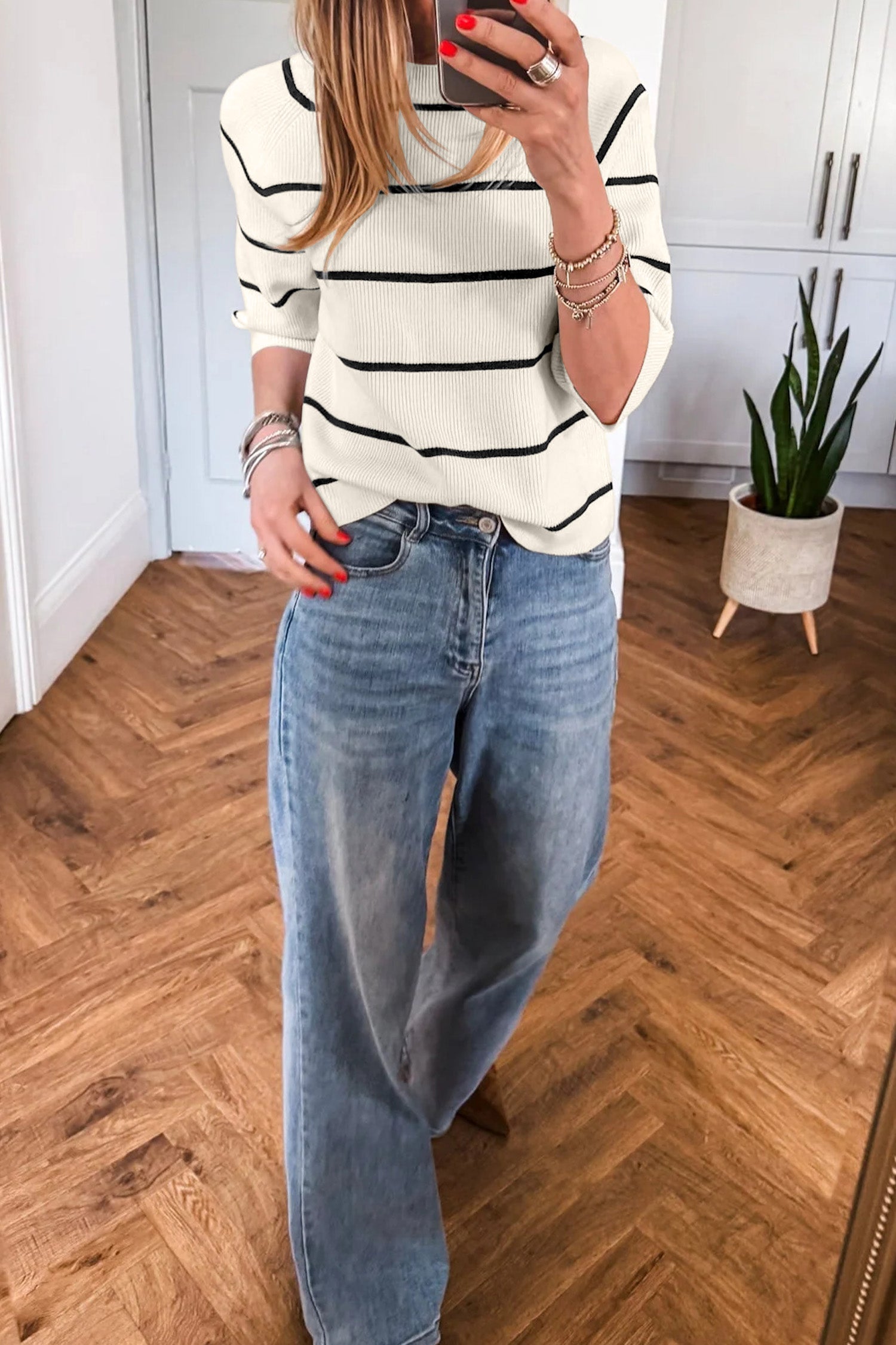 Stripe Ribbed Knit 3/4 Sleeve Sweater Tee
