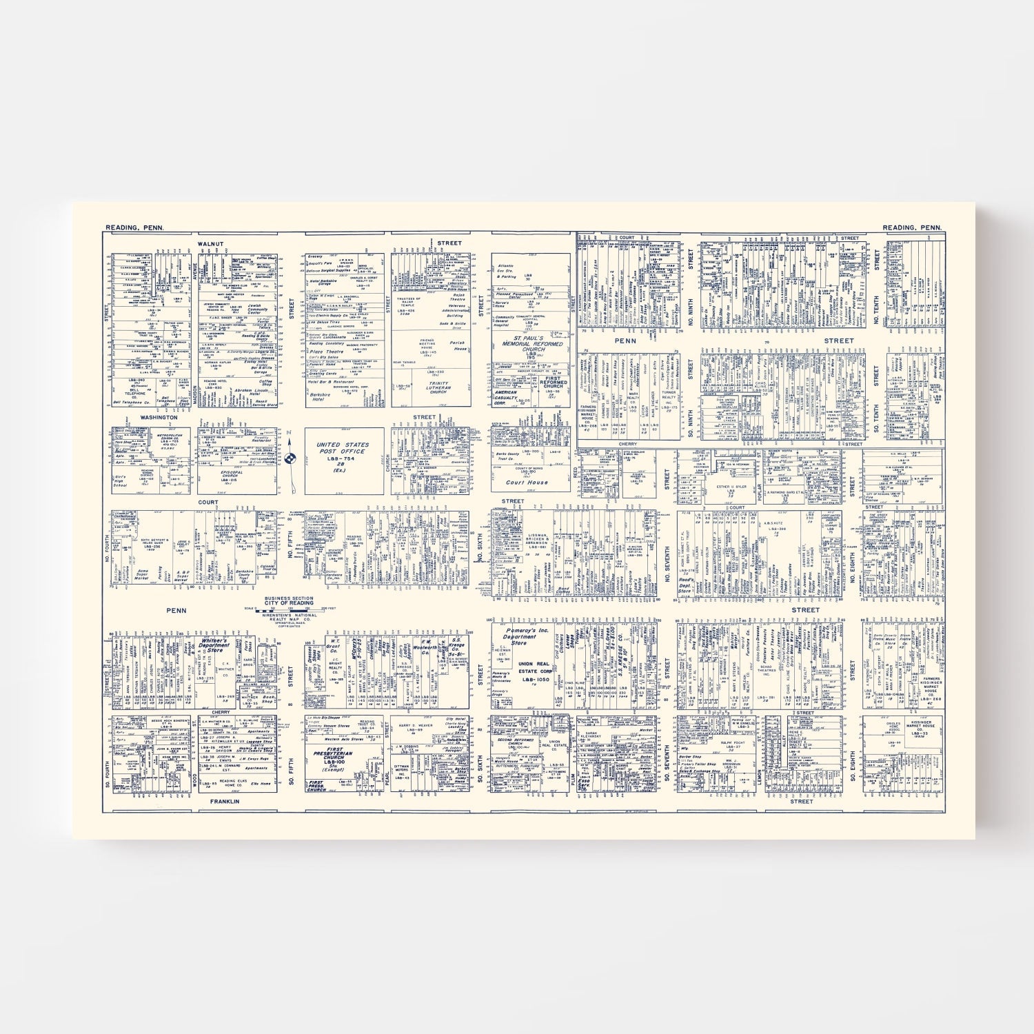 Vintage Map of Reading, PA Business Section 1950